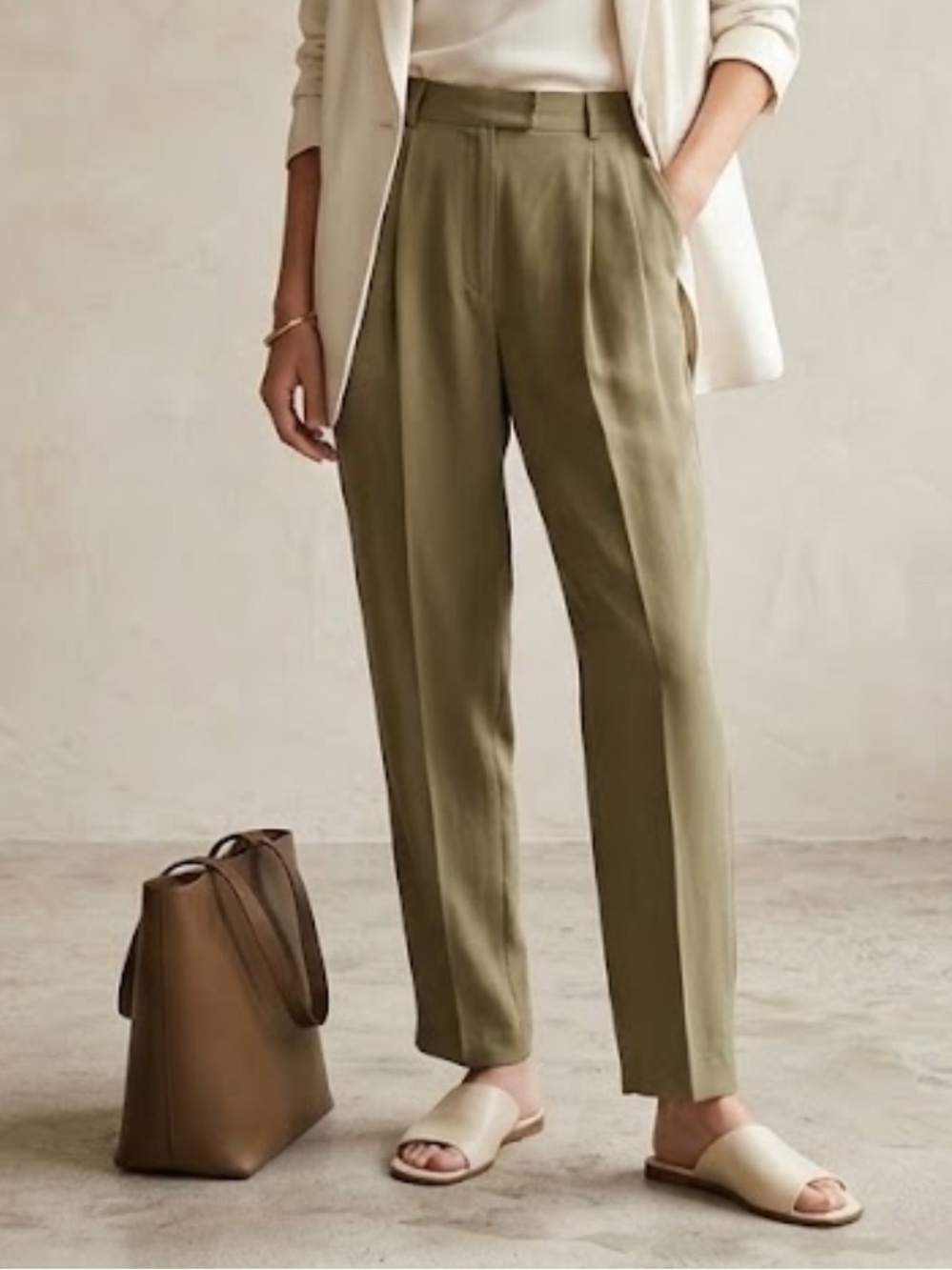 Vintage Olive Green Silk Double Pleated Trousers Pants size 8